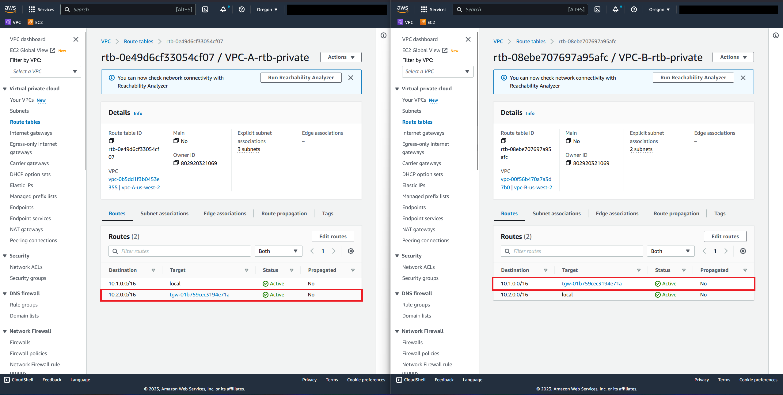 Figure 15: Updated Route Tables with /16 Entries for the Transit Gateway