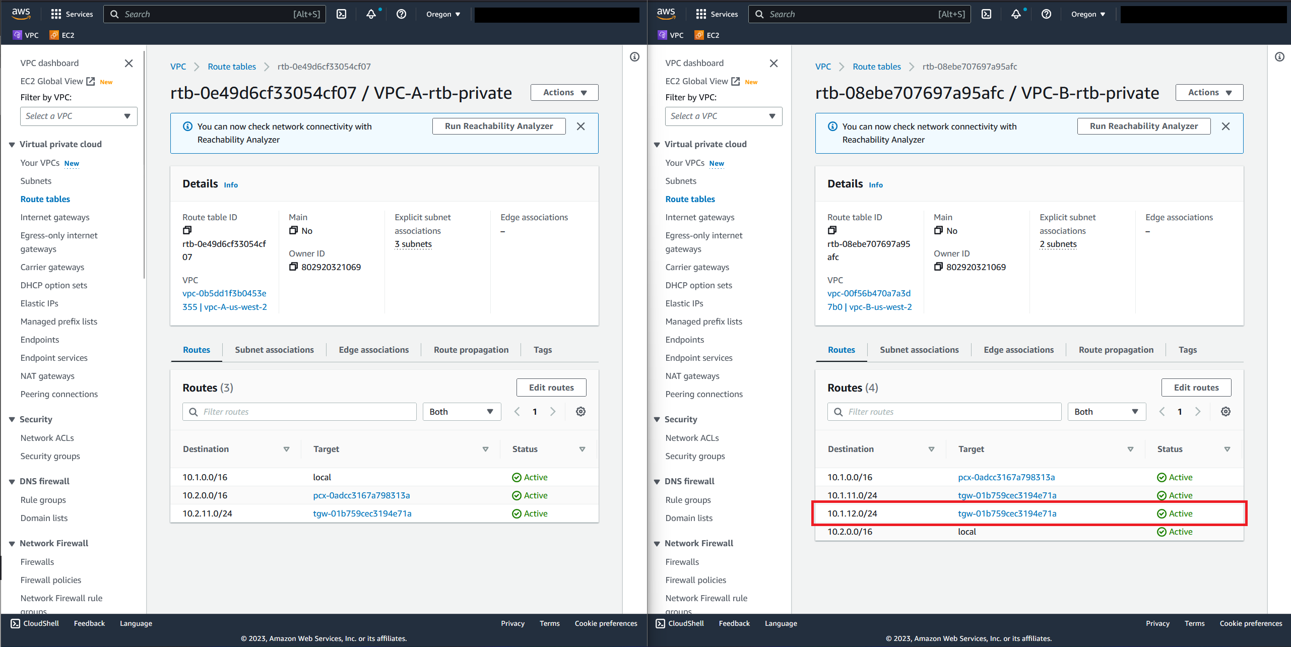 Figure 8: Updated VPC-B Route Table with Entry for Subnet 2-VPC A over Transit Gateway