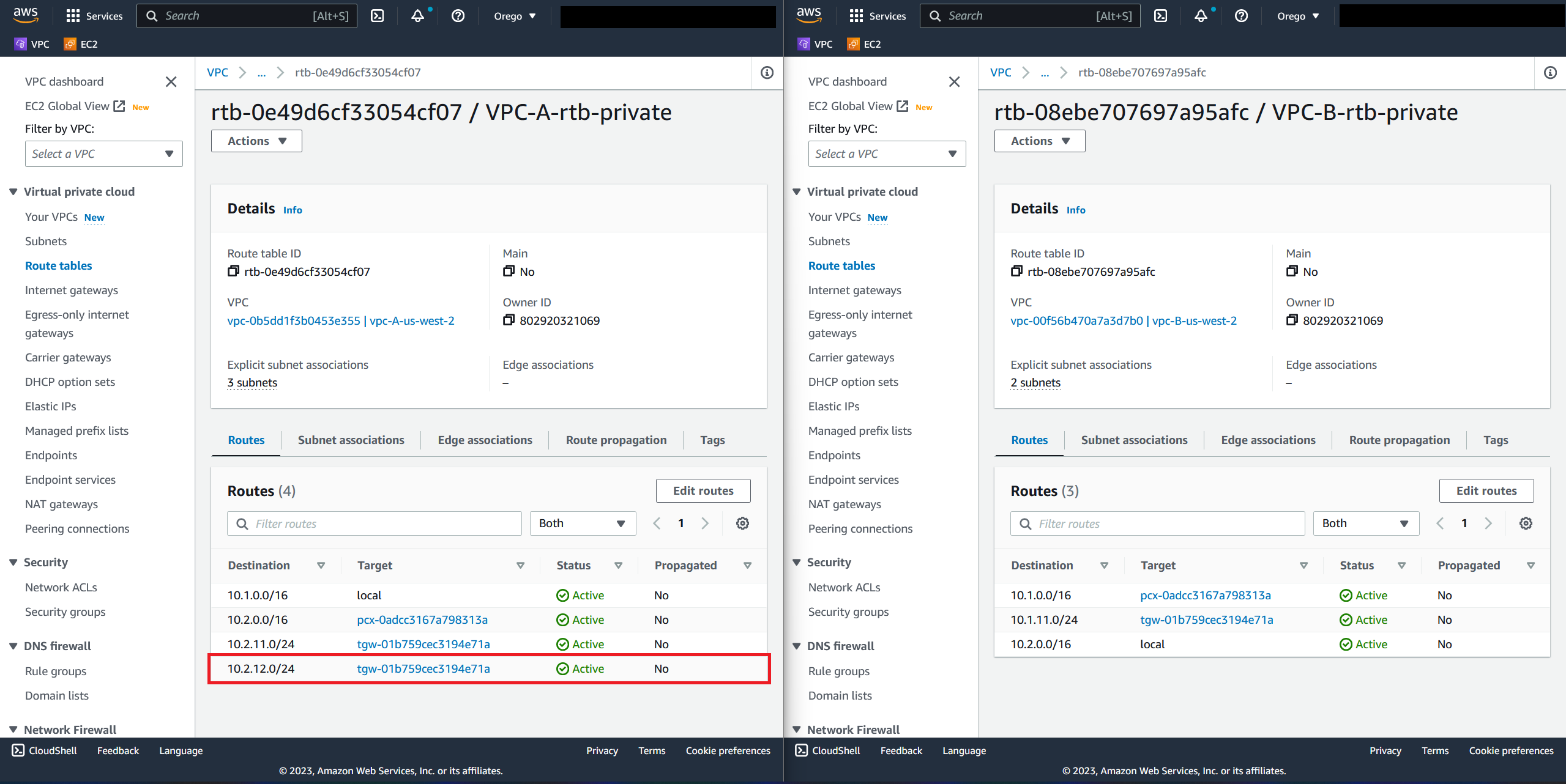 Figure 11: Updated Route Tables in VPC-A and VPC-B