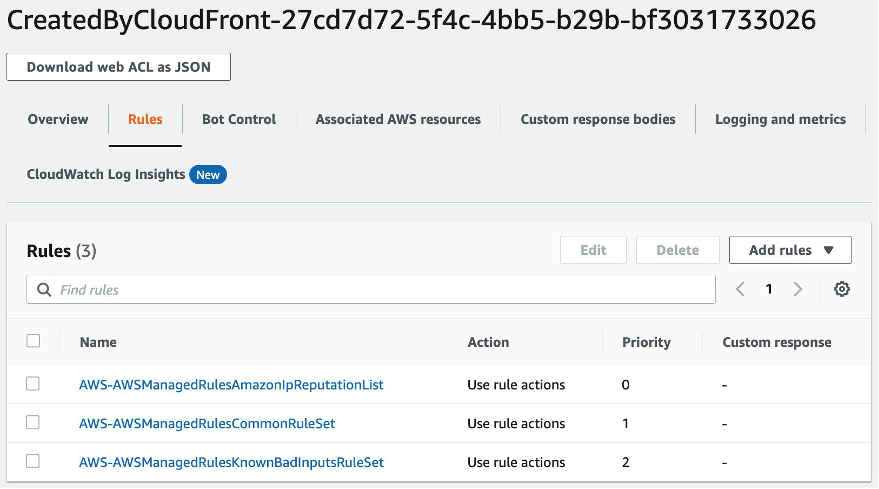 Figure showing the web ACL rules automatically created for the CloudFront distribution