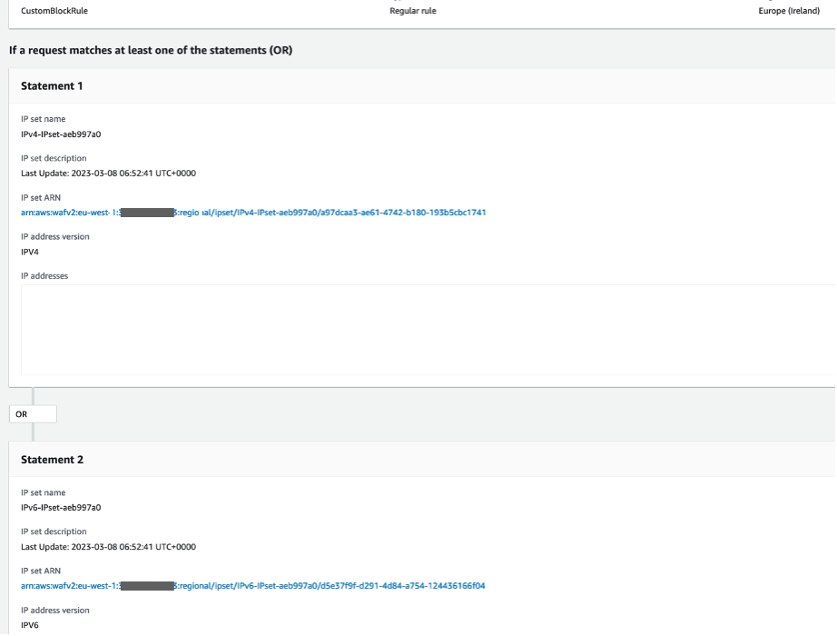 Image showing the configuration of a sample block rule created in the WebACL using the IPSets created by the solution