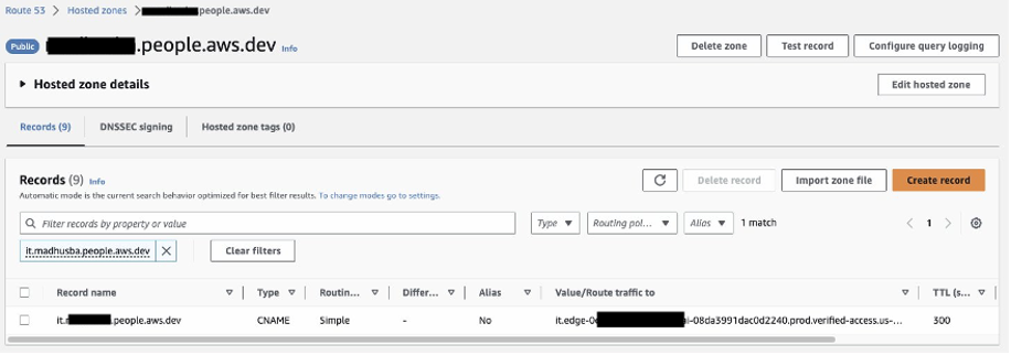Sample Amazon Route 53 hosted zone configuration with CNAME setup to the domain name is shown in this screenshot for reference. 