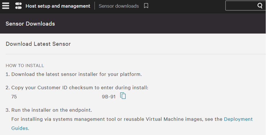 Screenshot showing CrowdSrtike sensor downloads page with instructions to install the CrowdStrike sensor