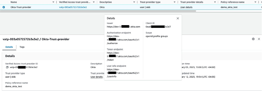 AWS Verified Access Okta trust provider details sample console screenshot for reference. Key details like Trust provider type, policy reference name are displayed.