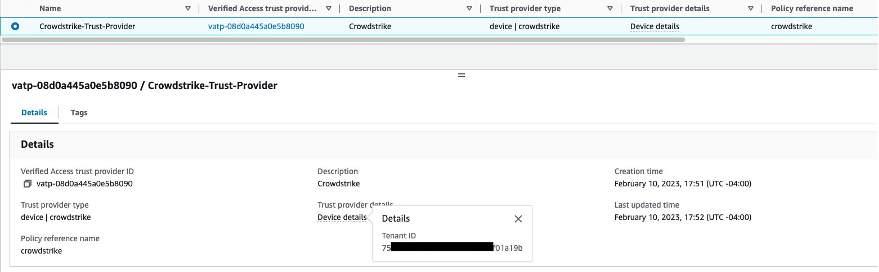 AWS Verified Access Crowdstrike device provider details sample screenshot for reference. Key details like Trust provider type, policy reference name are displayed.