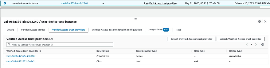 AWS Verified access instance details sample screenshot for reference. Instance with 2 access trust providers are displayed