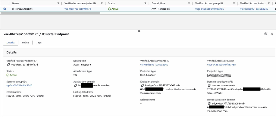 AWS Verified access endpoints sample screenshot for reference. Portal endpoint details like Load Balancer details, domain certificate ARN and validation domain are displayed here