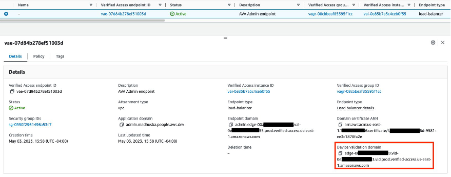 AWS Verified access endpoints sample screenshot for reference. Make a note of device validation domain and enter this information in Okta developer portal