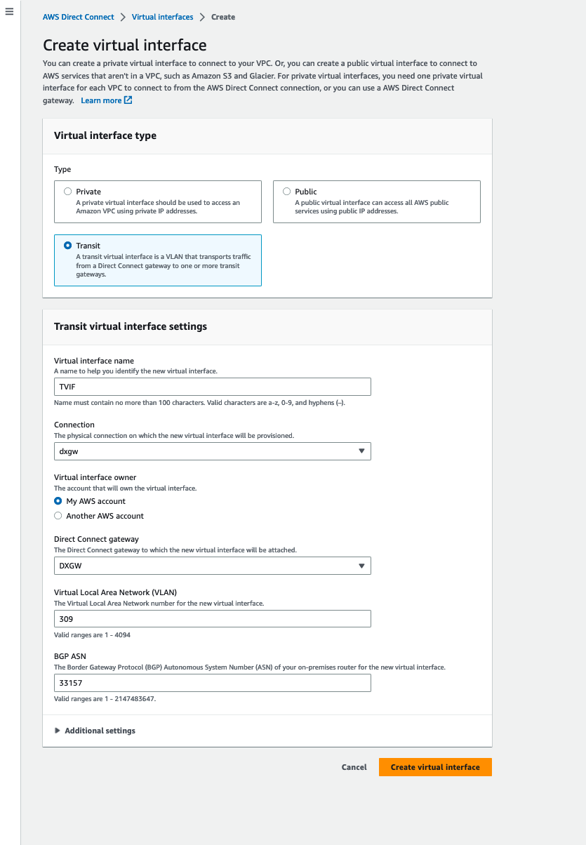 Figure 6 – Create a Transit VIF and attach it to the Direct Connect gateway