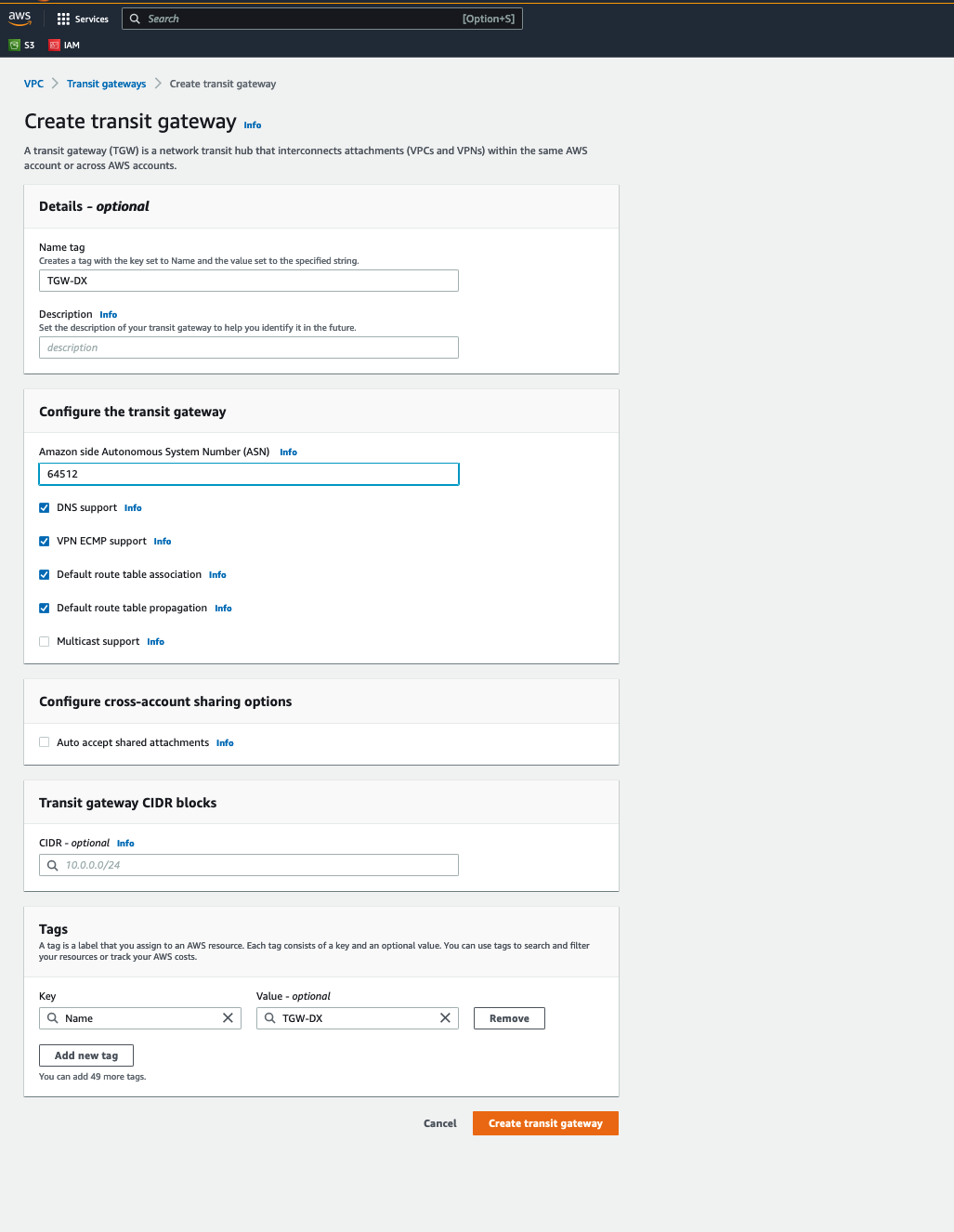 Figure 7 – Create a transit gateway to connect Direct Connect with Cloud WAN
