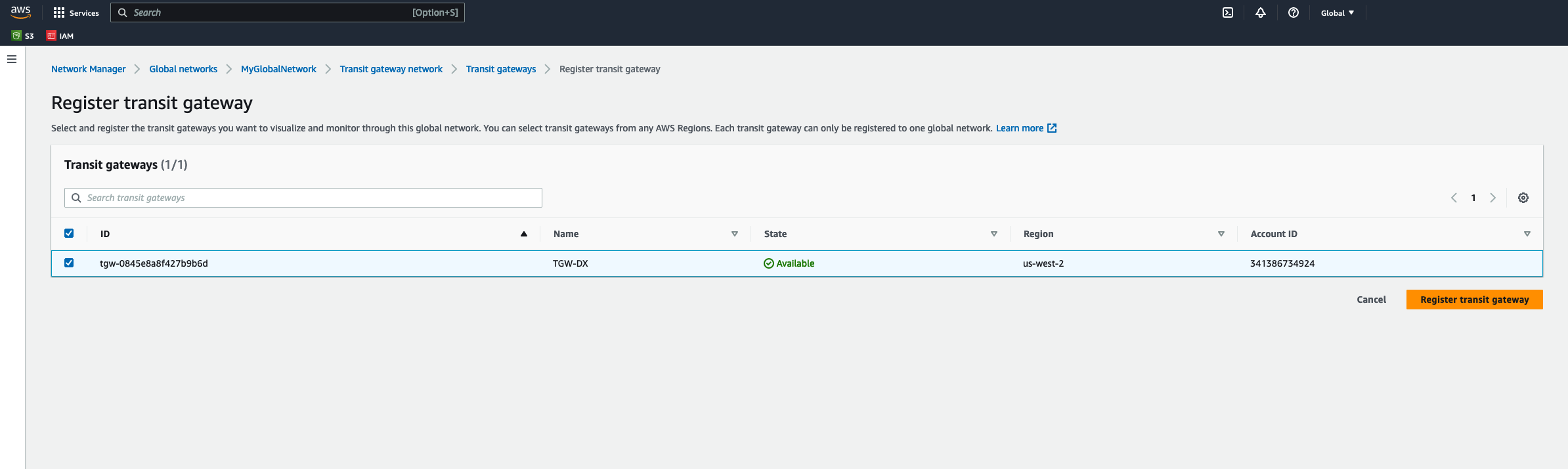 Figure 12 – Select Transit Gateway and choose the transit gateway you want to register.