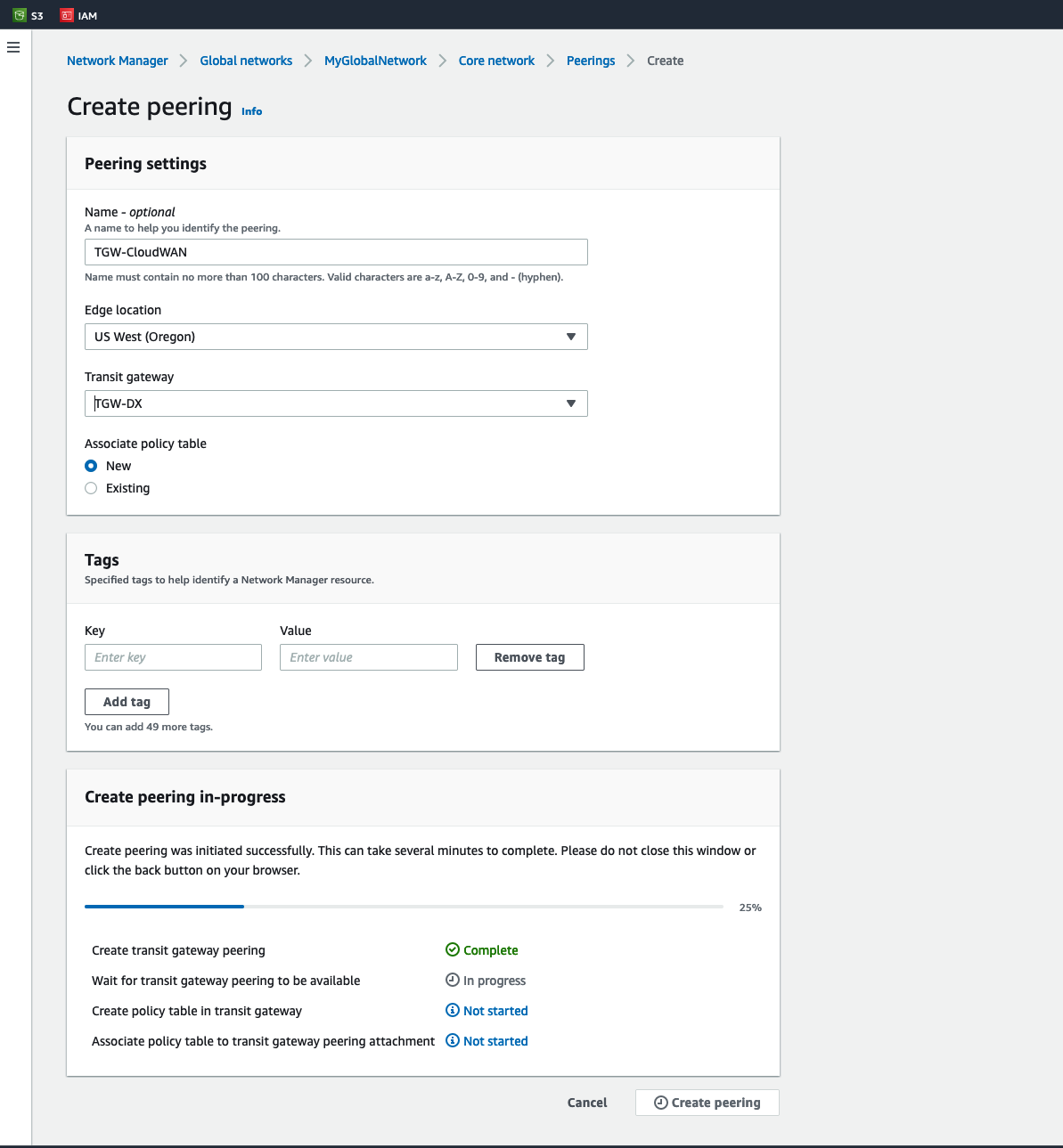 Figure 13 – Create a Cloud WAN peering connection.