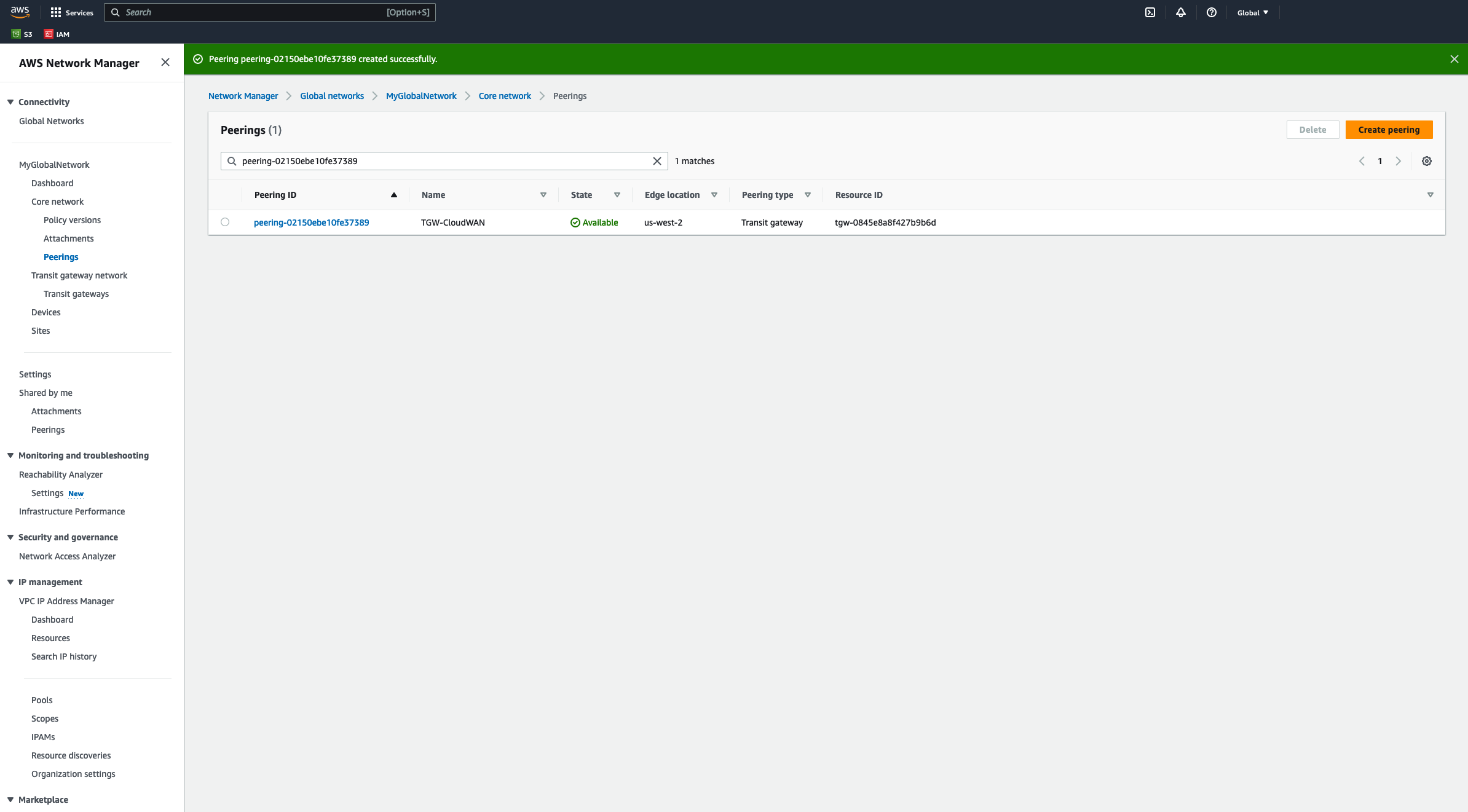 Figure 14 - View Cloud WAN peering connection status.