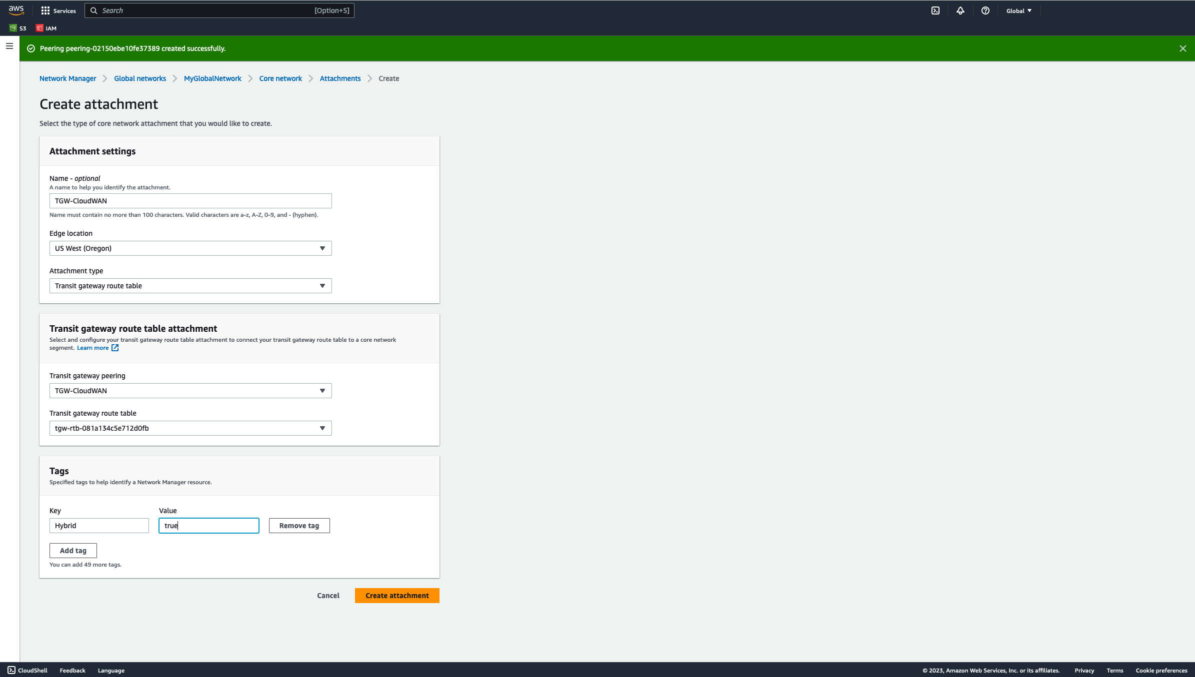 Figure 15 – Add a Transit Gateway route table attachment to Cloud WAN.