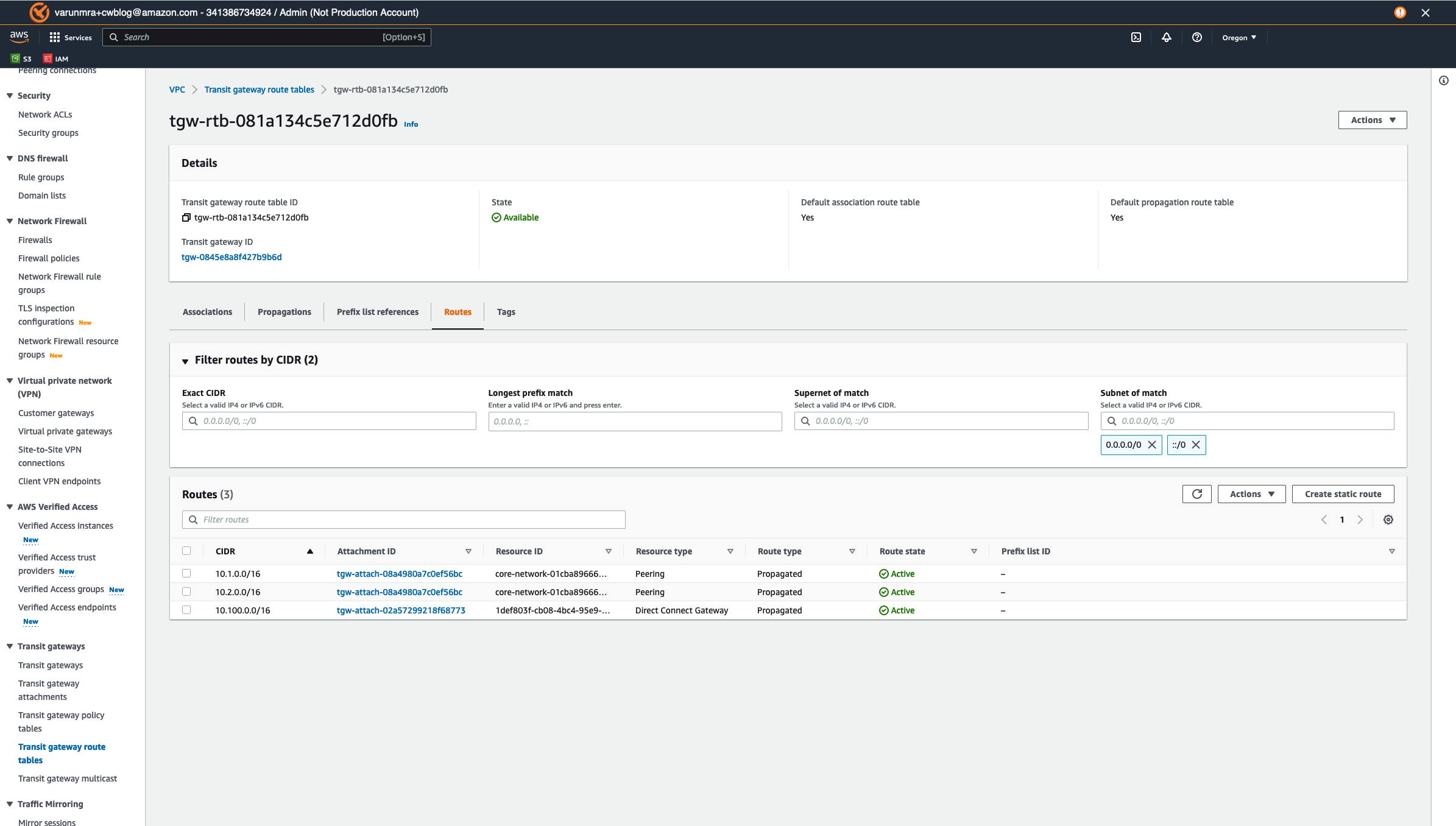 Figure 16 – Verify end-to-end connectivity by checking the Transit Gateway route table.