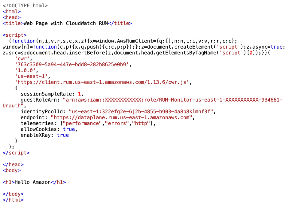 Screenshot of a sample HTML code showing RUM script inserted in head section