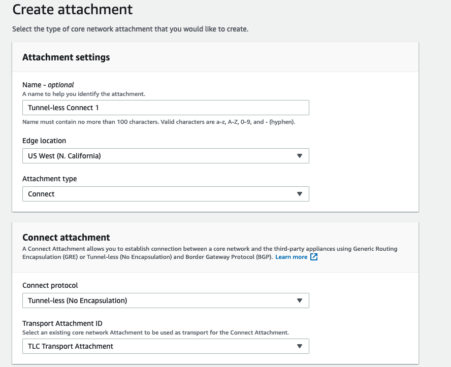 Figure 4: Create Cloud WAN Tunnel-less Connect Attachment 