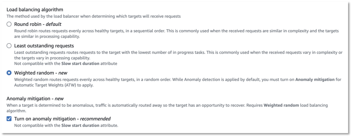 Screenshot showing the load balancing algorithm Weighted random is selected and Turn on anomaly mitigation is enabled.