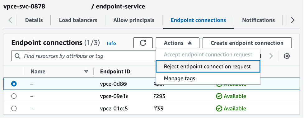 Figure 7. Console example of rejecting an endpoint.