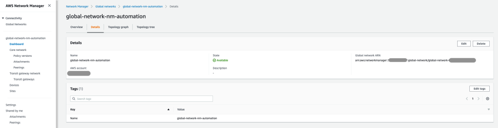View of the Network Manager console showing a global network information.