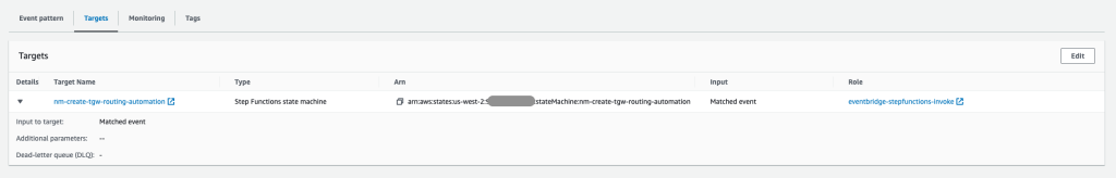 View of the EventBridge console, showing a rule target - Step Functions state machine.