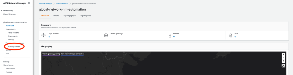 View of the Network Manager console showing the global network dashboard. In addition, there's a red circle at the left-hand side showing the Transit Gateway section.