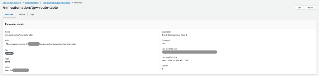View of Systems Manager console showing the description of a parameter created (/nm/automation/tgw-route-table)