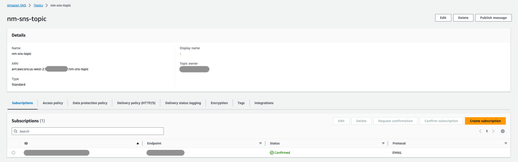 View of the SNS console, showing the configuration of an SNS Topic (nm-sns-topic) with 1 subscription (email type).