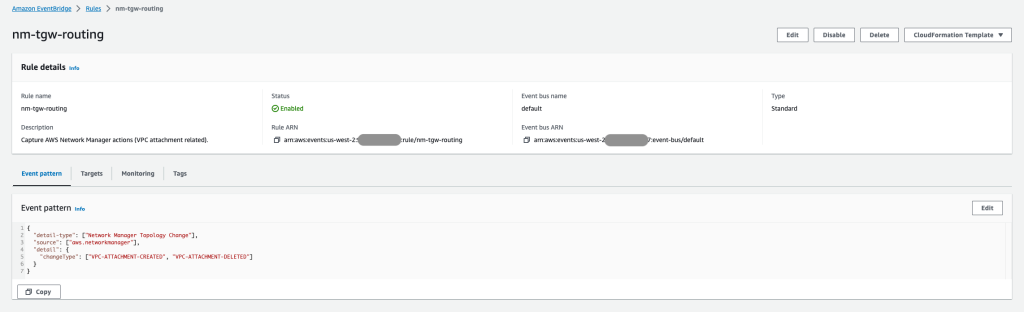 View of the EventBridge console, showing the definition of the rule nm-tgw-routing.