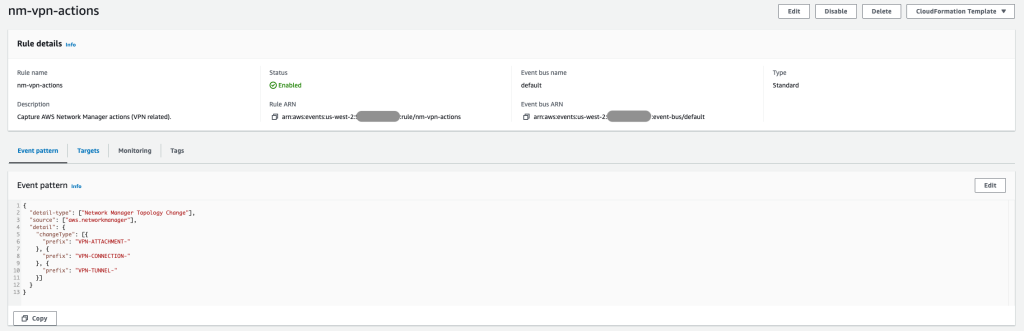 View of the EventBridge console, showing the rule event pattern configuration (filtering to only VPN actions)