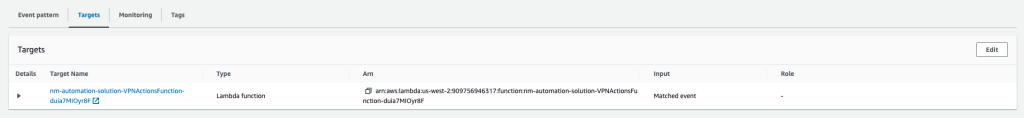 View of the EventBridge console, showing how the rule target configured is a Lambda function.