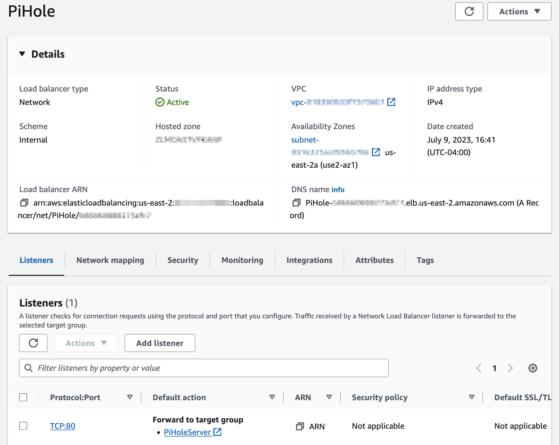 Load Balancer configuration for the PiHole server