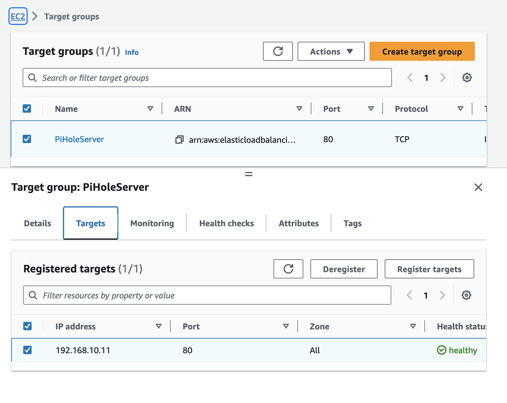 NLB Target Group pointing to PiHole server