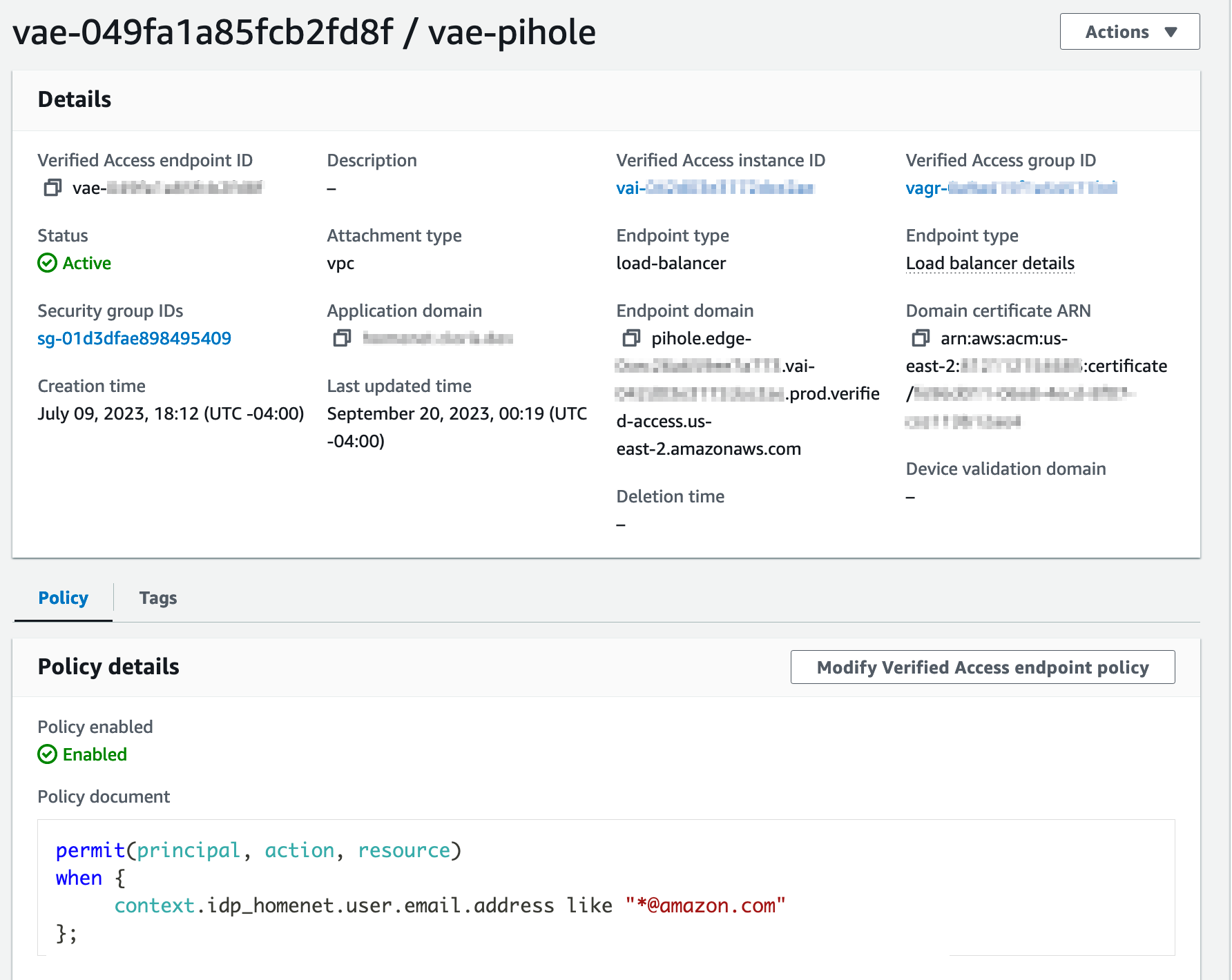 Details for the created AVA Endpoint.
