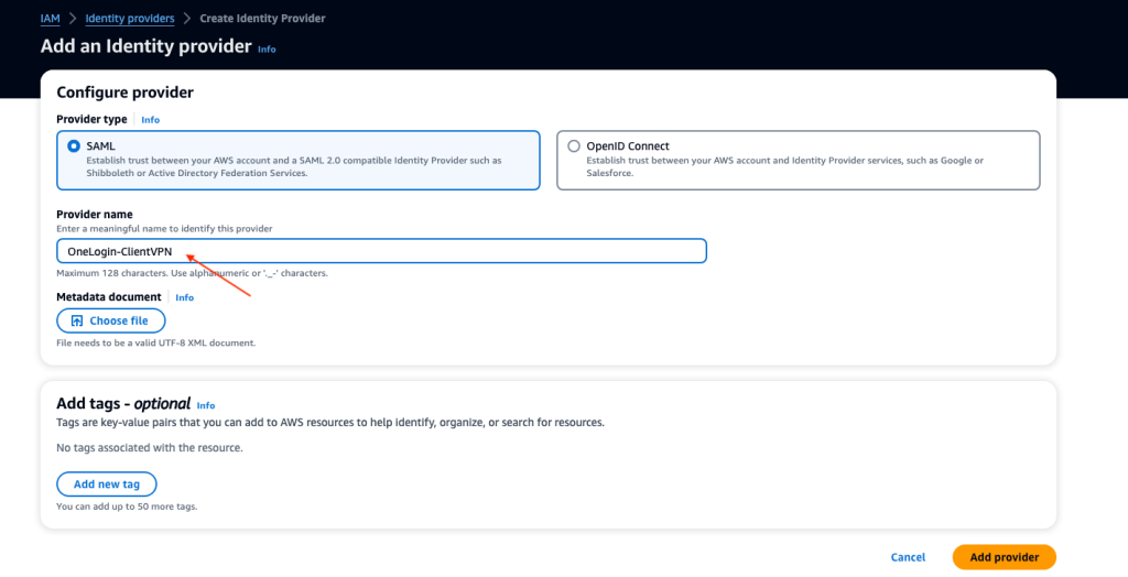 Figure 6: Configuring a new IAM Identity provider in the AWS Console