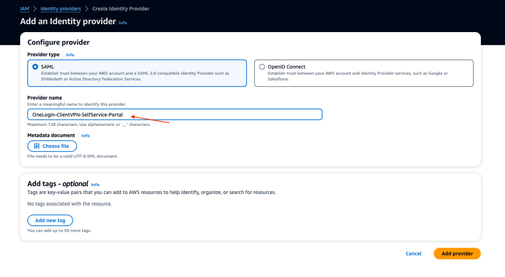 Figure 11: Configuring a new IAM Identity provider in the AWS Console