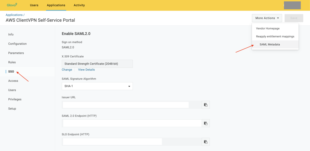 Figure 10: AWS Client VPN Self-Service app configuration in OneLogin