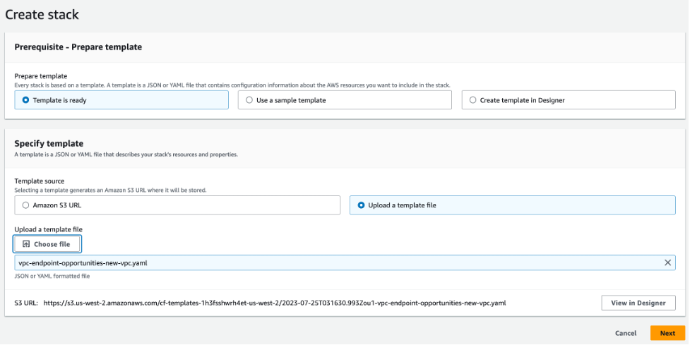 Create a Cloudformation Stack with new VPC