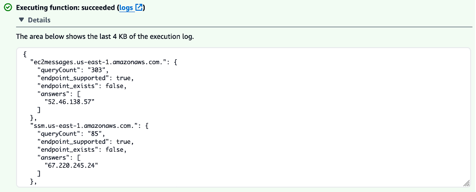 Results from executing the CWLogsQueryLambda function