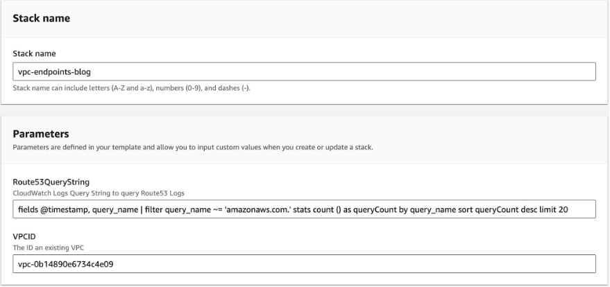 Specify Stack details including Stack name and Parameters