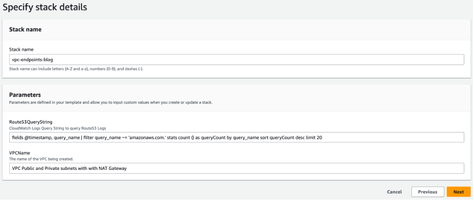Specify Stack details including Stack name and Parameters