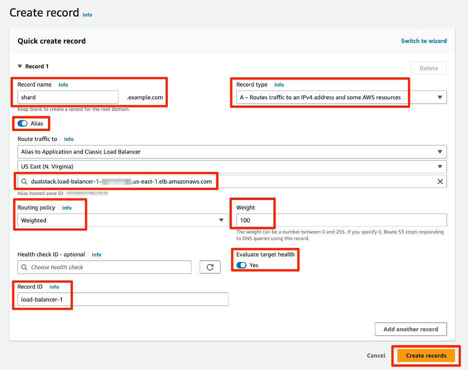 Figure 5: Route 53 Console Create record step for ALB1