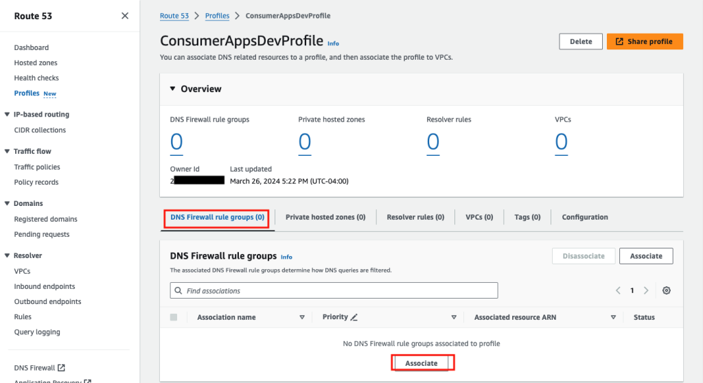 Figure 5: Create an association with Route 53 Profiles rule group.
