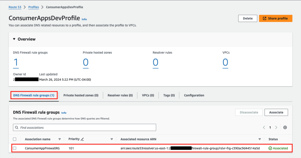 Figure 8: Route 53 Profiles with the rule group associated.