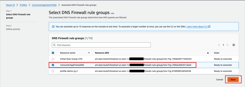  Figure 6: Route 53 Profiles with the selected rule group.
