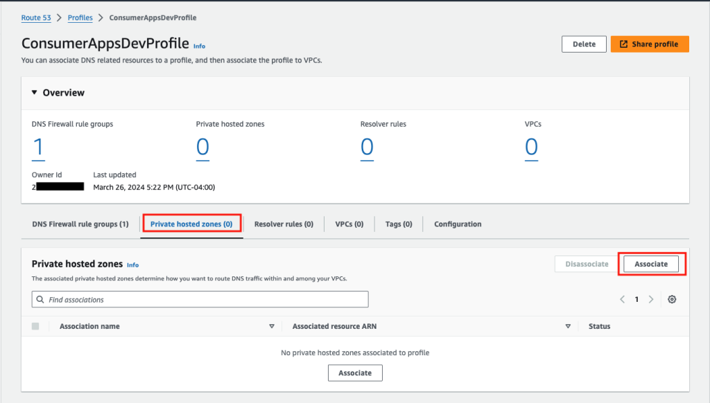 Figure 9: Route 53 Profiles showing how to associate private hosted zones.