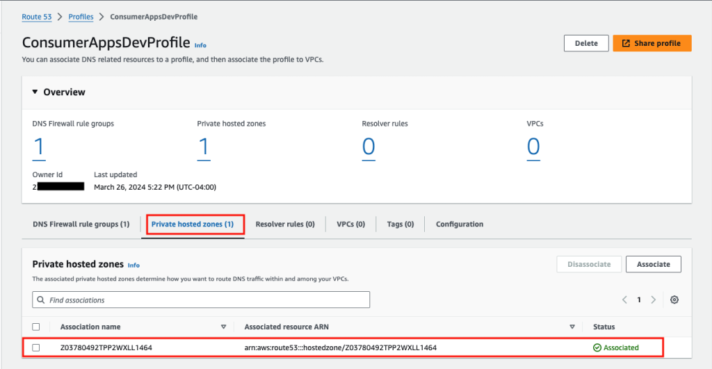 Figure 11: Route 53 Profiles showing associated private hosted zones