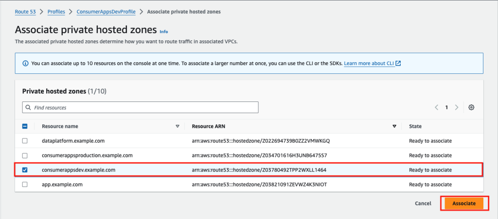 Figure 10: Route 53 Profiles showing how to select private hosted zones