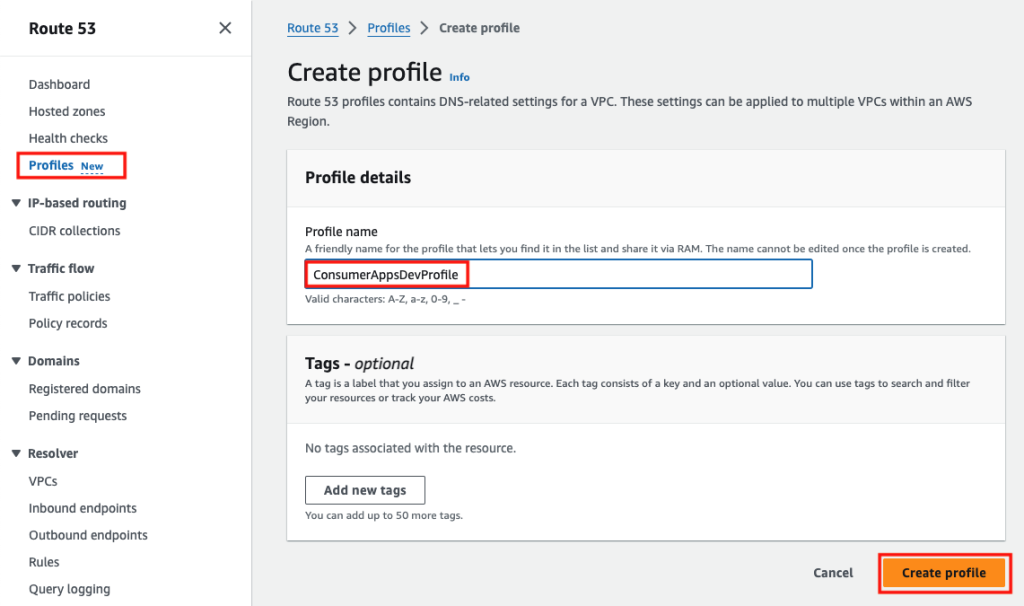 Figure 4: Amazon Route 53 profile creation screen. 