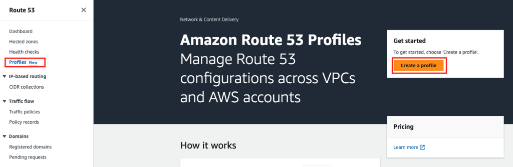 Figure 3: The Route 53 Profiles page in the AWS Management Console.